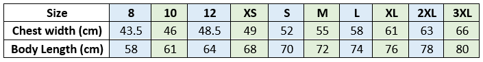 PE Shirt Sizing (8-12, XS-3XL)